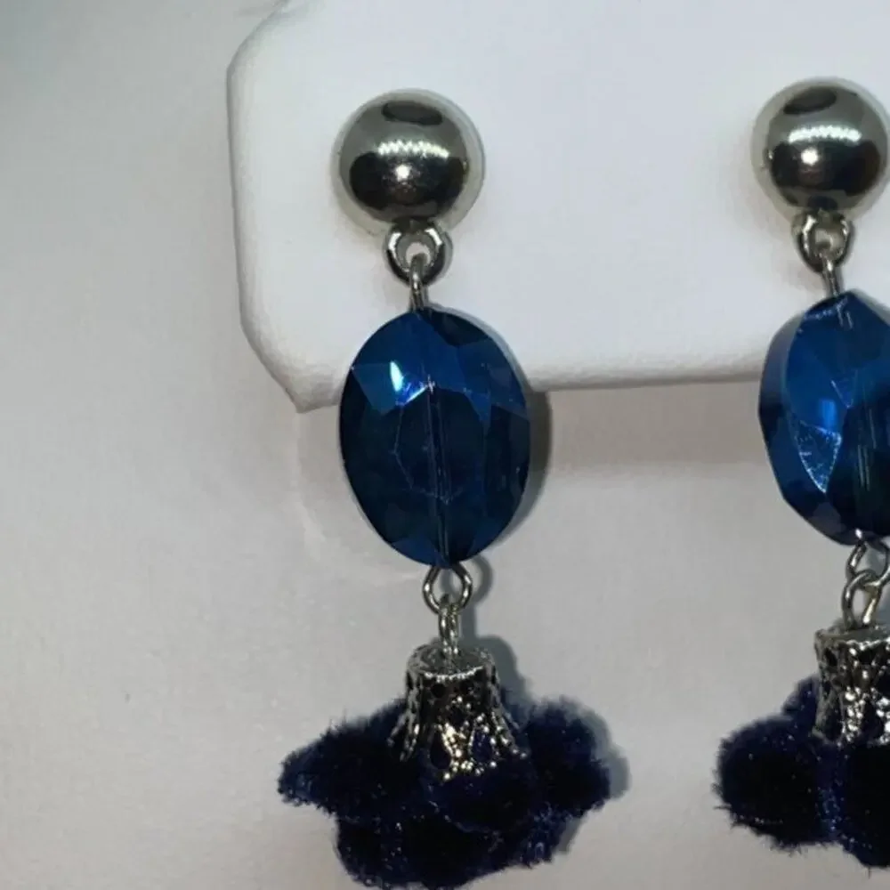 Silver-Tone Blue Beaded & Pom-Pom Dangle Earrings